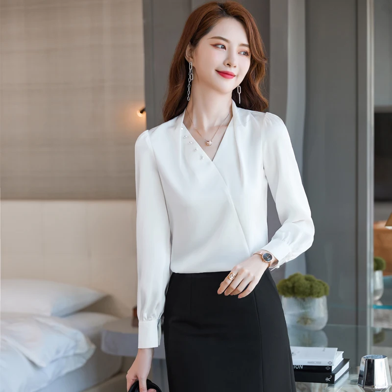 Lenshin nuovo tessuto camicia con scollo a v liscia e morbida di alta qualità per camicetta da donna elegante top manica lunga da lavoro da donna