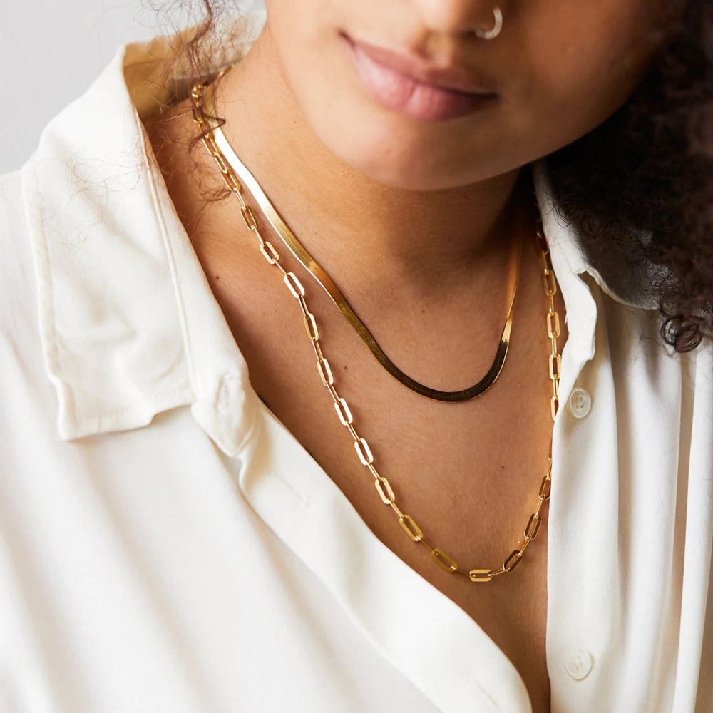 10PCS 2024 Hot Fashion Paperclip Link Chain Women Necklace Stainless Steel Gold Color Chain Necklace for Women Men Jewelry Gift
