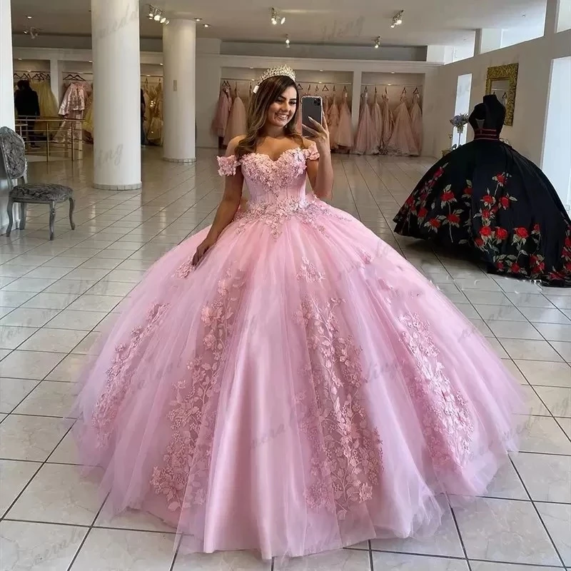 Angelsbridep Sweetheart Baljurk Quinceanera Jurken Sweet 16 Sexy Off-Schouder Applique Kant Verjaardag Prinses Partij Jassen