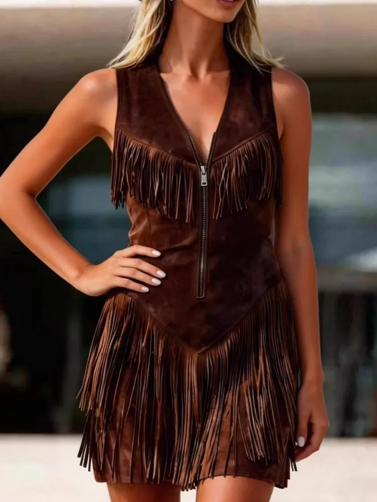 

Ретро-платье без рукавов с бахромой и молнией для женщин, летнее, новое, модное, элегантное, однотонное, повседневное, для праздников и вечеринок, Robe Femme