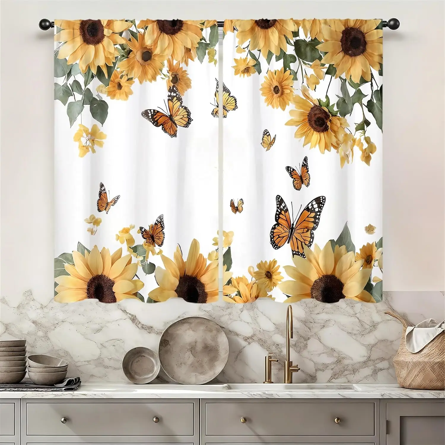 

Sunflower Butterfly Curtains Yellow Flower Print for Kitchen Window Decor