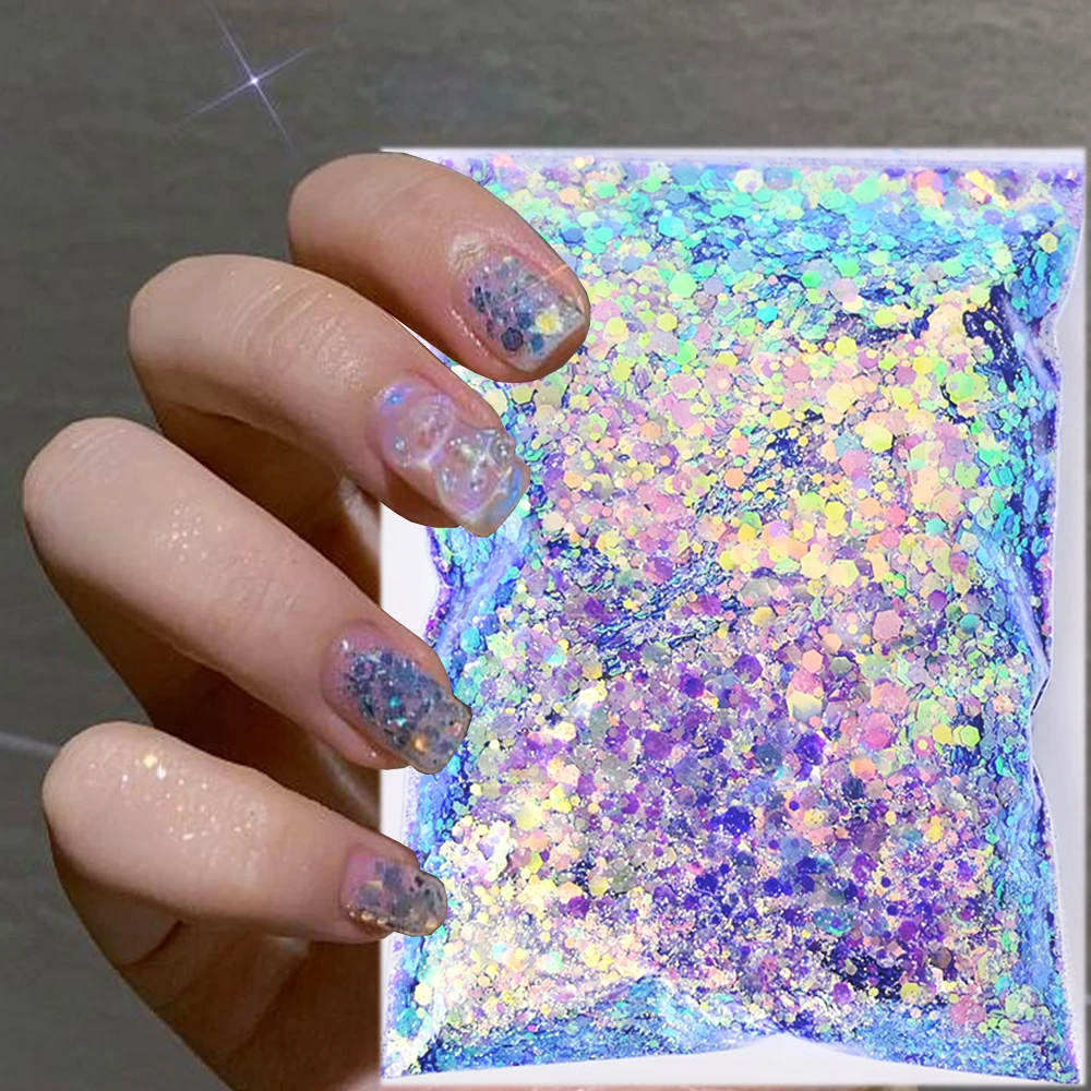 50g luzem Aurora niebieskie płatki brokatowe do paznokci 3D ultracienkie cekiny gradientowe mieszane rozmiary syrenka sześciokątna błyskotka dla DIY Manicure i *