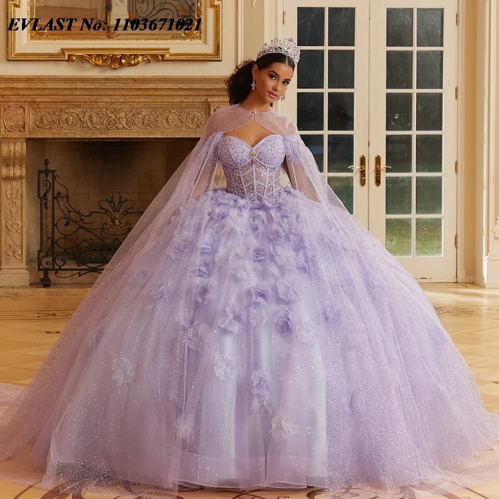 

EVLAST Princess Lavender Floral Quinceanera Dress Ball Gown Shiny Applique Beading With Cape Sweet 16 Vestidos De 15 Anos SQ739