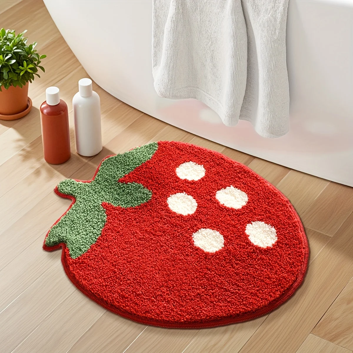 1pc Fluffy Bath Rug Thick Bathroom Mat, Extra Soft Bath Mat, Strawberry Modeling Absorbent Premium Bathroom Rug