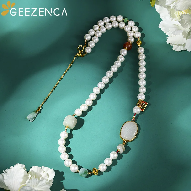 GEEZENCA Luxury Natural Jade Freshwater Pearl Necklace For Women Vintage Beaded Long Necklaces High Quality Jewelry Female Gift