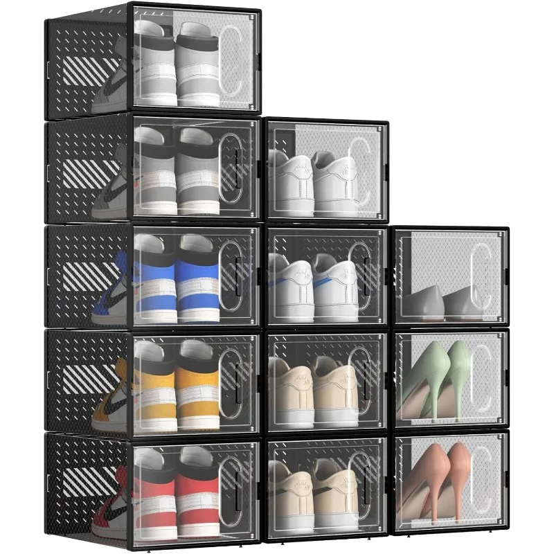 X-Large 12 Pack Shoe Storage Box with Magnetic Door, Fit up to Size 13, Clear Plastic Stackable Shoe Organizer