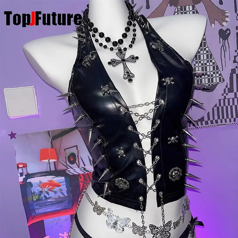 Women Gothic Lolita Punk Harajuku Streetwear Y2K Girl Steampunk Belt Spike Trim Crop Tops Rivet Metal Chain V-neck Halter Top