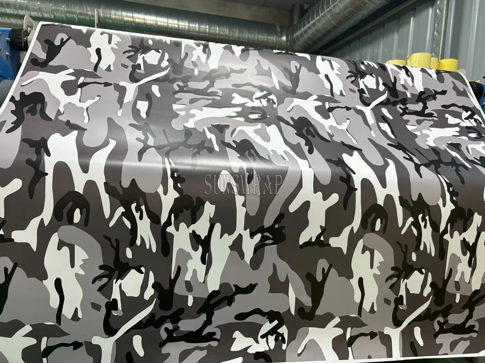Black White Gray Camo Car Vinyl Wrap - Matte Tri-Color Camouflage Film with Air Channel Release Tech 1.52x20m/roll