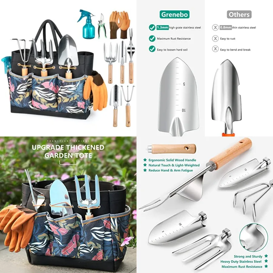 

Gardening Tools 9-Piece Heavy Duty Garden Hand Tools with Fashion and Durable Garden Tools Organizer Handbag, Rust-Proof Garden
