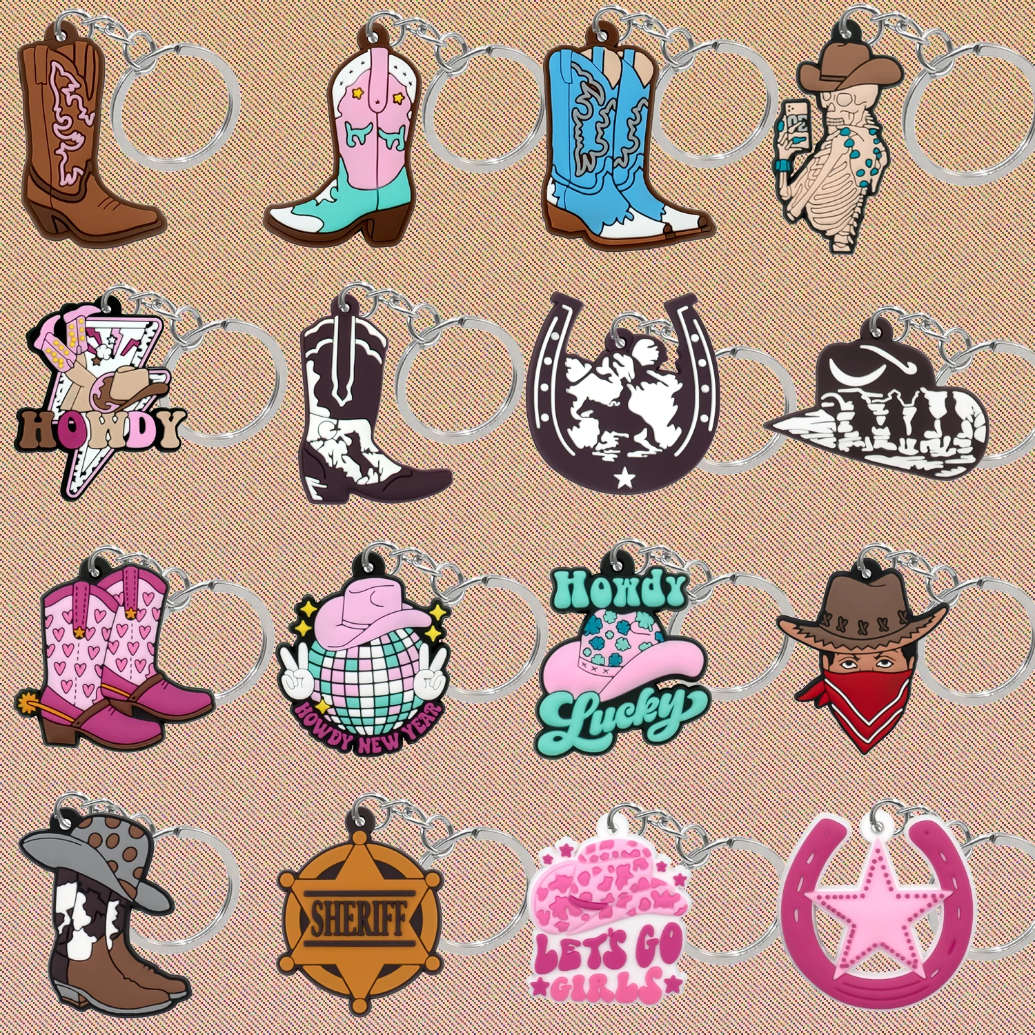 1PVC Cowboy Style  Keychain Cowboy Boots Hats Key Ring Horseshoe Drinks Key Chain Handbag Accessories for Women Kids