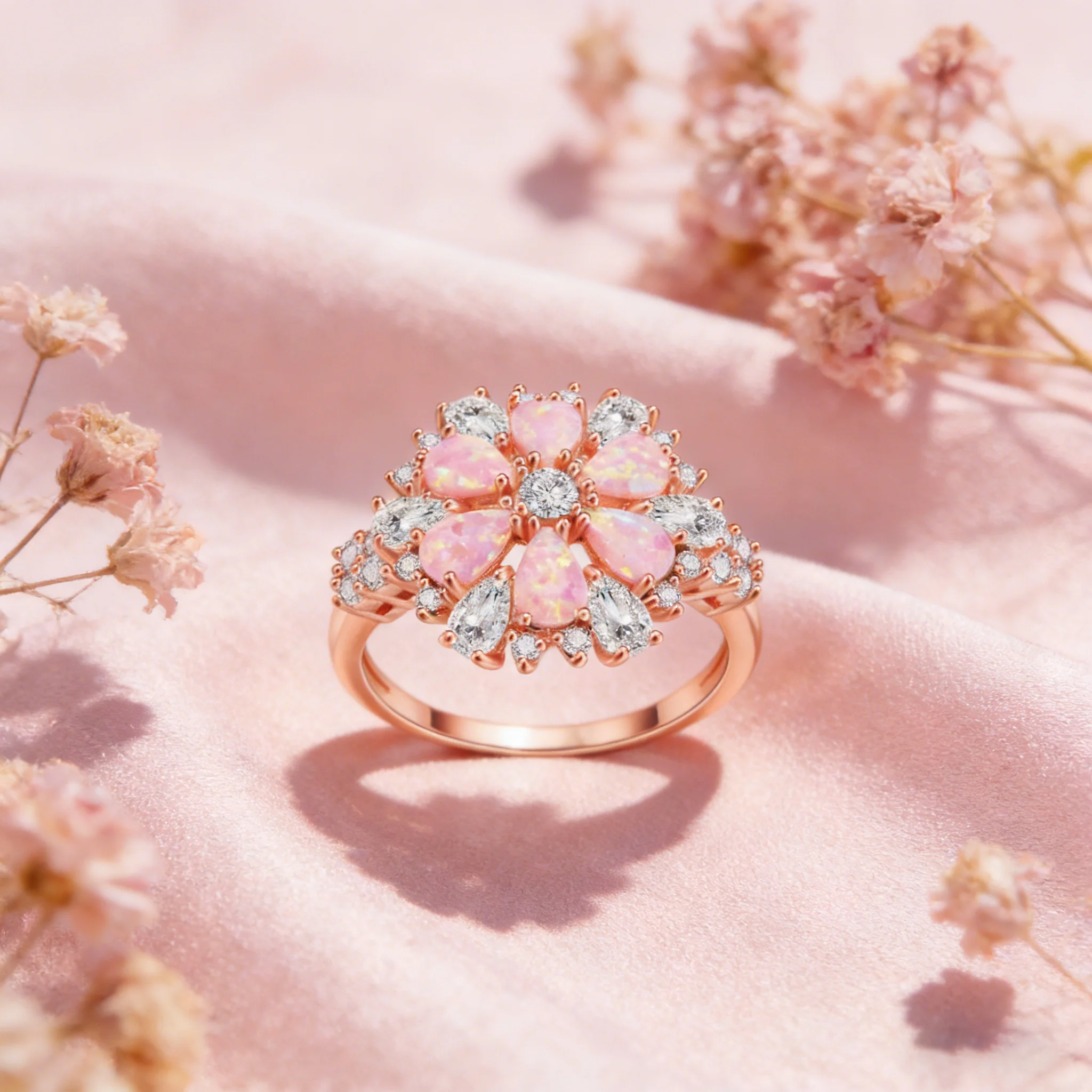 Luxury Flower Pink Opal Cubic Zirconia Ring for Women Rose Gold Plated Wedding Band Best Gift for Girls