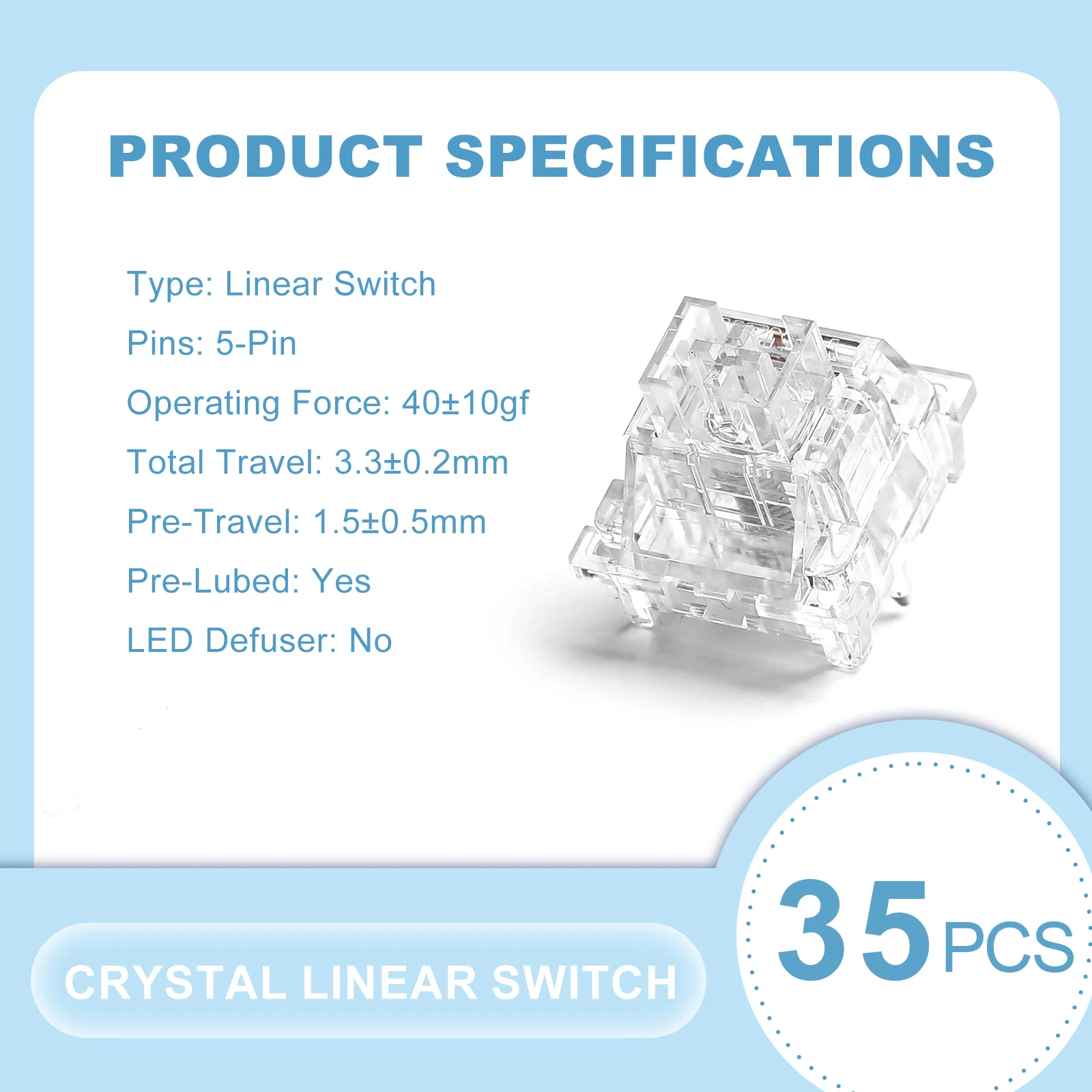 YUNZII Crystal Linear Switches, Clear Pre-Lubed 5-Pin Mechanical Switch for Hot-Swap Gaming Keyboard and MX Keycaps, 35Pcs/Pack
