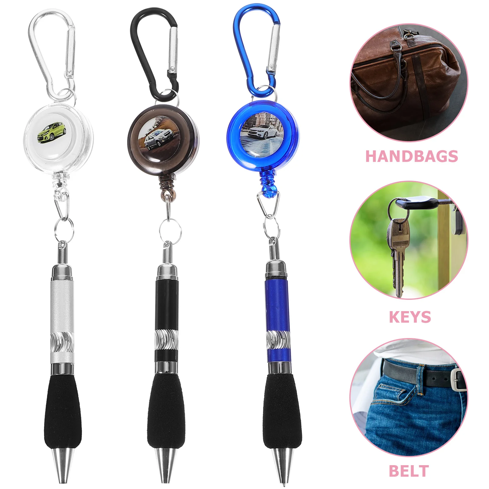 5 pezzi 3 in 1 retrattile porta badge penna clip da cintura portachiavi moschettone colori misti plastica metallo inchiostro blu cancello liscio