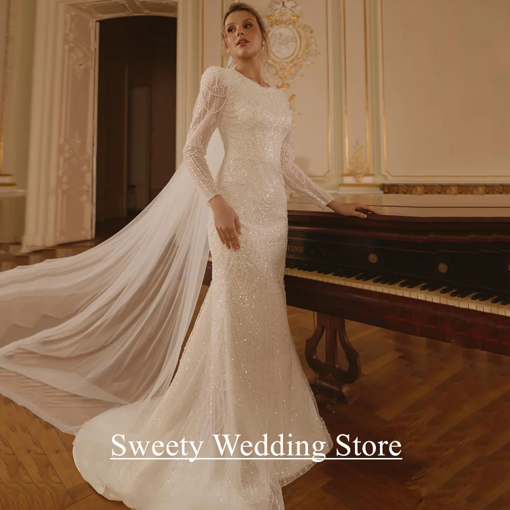 فساتين زفاف سعودية ذيل قابل للانفصال مخصص رقبة مستديرة وأكمام طويلة مطرز بالخرز سويب تراين حورية البحر فستان زفاف