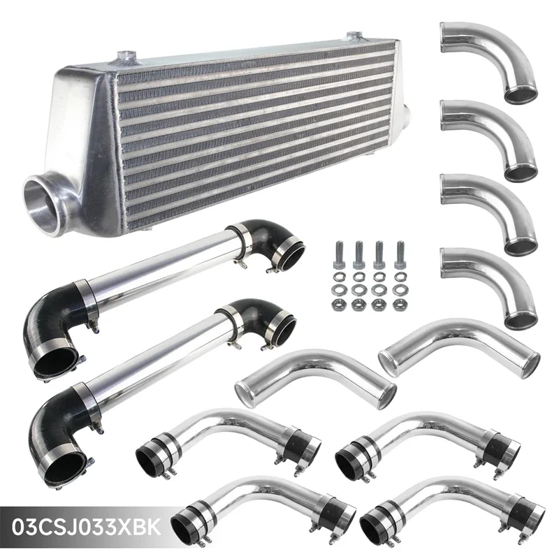 Bar & Plate Front Mount Intercooler Turbo 550x180x64mm+12PCS 2.5'' Aluminum Piping Hose Clamps Kit Silver Universal