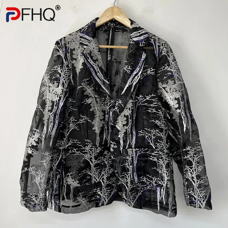 

PFHQ Men's Chinese Style Thin Blazers Embroidery Delicacy Luxury Perspective Print Art Loose Personality Coat Summer New 21Z4646