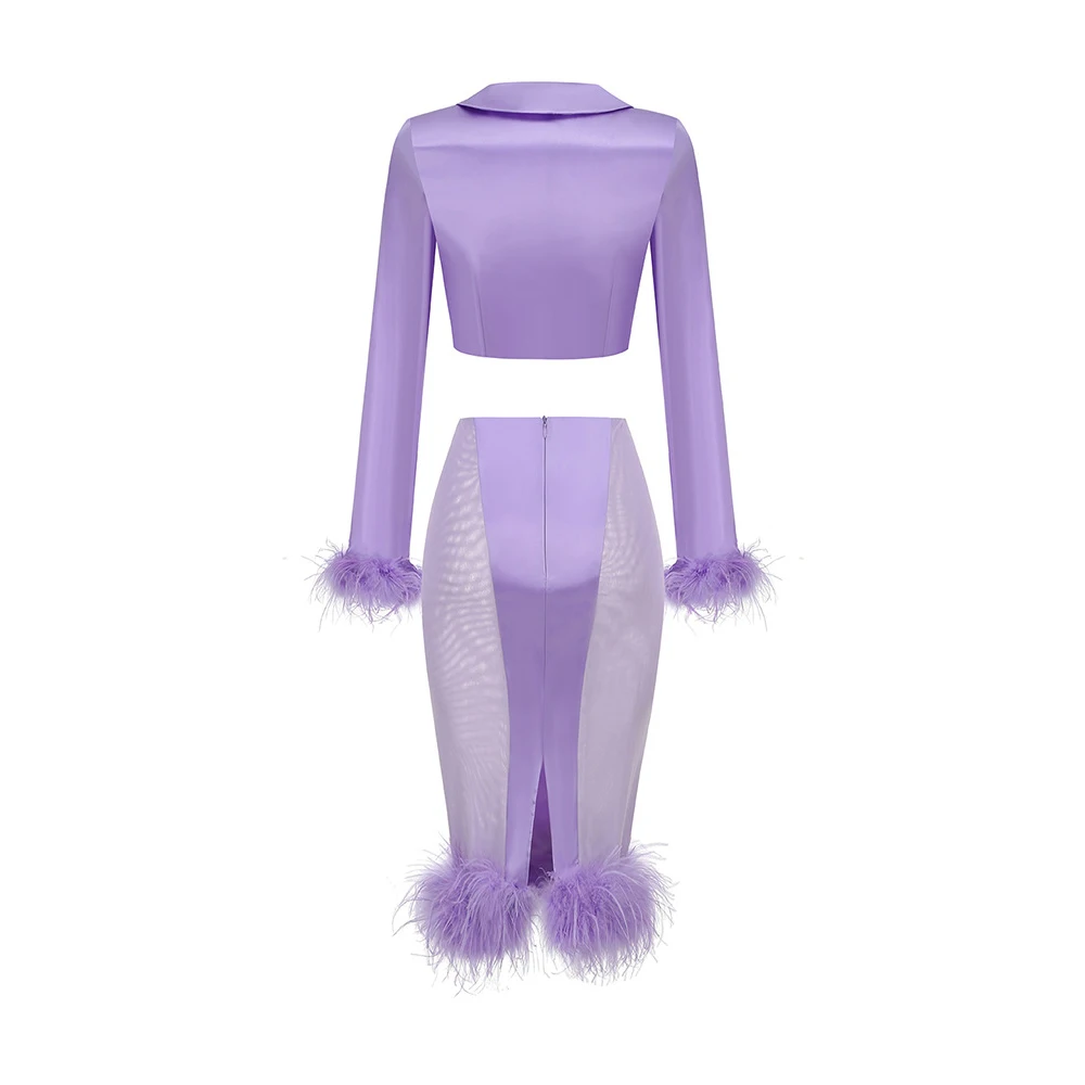 

Sexy Purple Two Piece Feather Dress Luxury Satin Mesh Patchwork Long Sleeve Crop Top and Midi Gown for Club Night Party Event