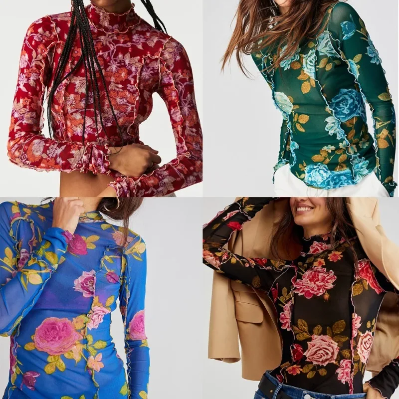 Printed Flower Slim T-shirt Women Chic Fungus Edge High Collar 2024 Spring Skinny T-shirts Female Long Sleeve Fashion Tops YDL18
