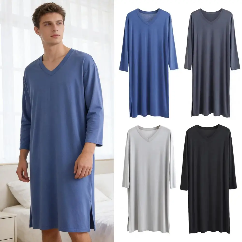 Men's Long Sleeve One-Piece Nightgown Solid Color Loose Large Size Mens Cotton Bathrobe Male Pajamas Home Clothes Sleep Shirts