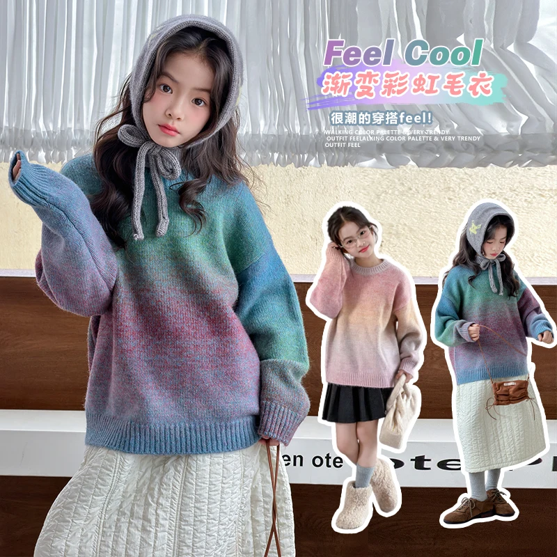 

Kids Sweater 4-14Y Girl Autumn Korean Sweater Tie Dye Pullover Girls Winter Casual Round Neck Tops Kids Loose Fit Top Clothing