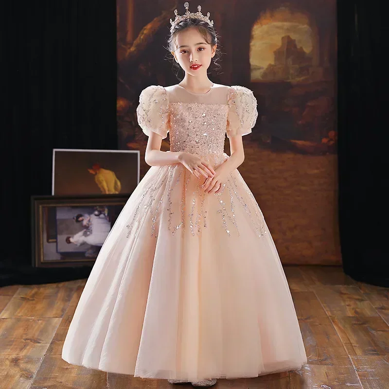 Vestido de niña de flores de primavera, vestido de princesa con lentejuelas, vestido de actuación de Piano para niños, vestido de noche de cumpleaños para niña