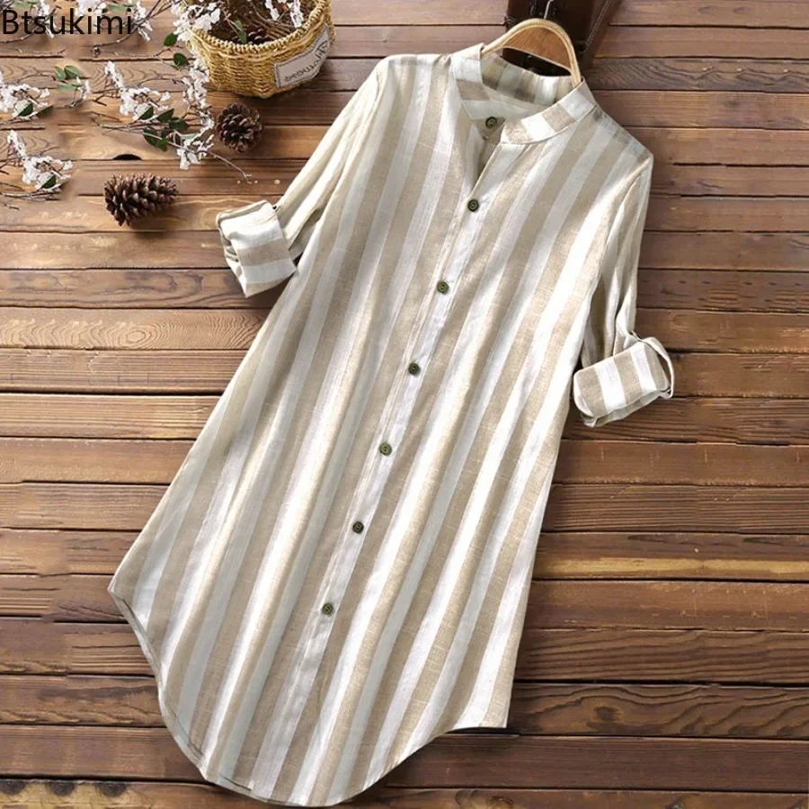 Spring New Women's Long-sleeved Cotton Linen Shirt Dress Fashion Stripe Print Loose Casual Button Blouse Ladies Mid-length Shirt