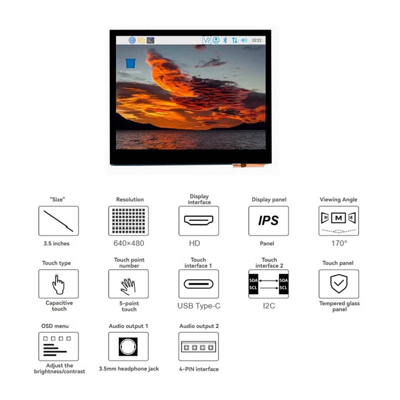 AT82-Para Raspberry Pi Compatível com Tela de Toque Capacitiva LCD de 3,5 Polegadas 640X480 DPI IPS Display