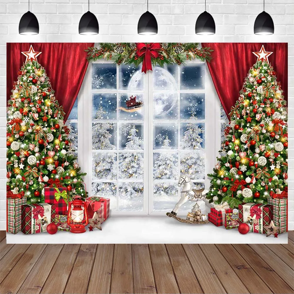 Mocsicka Giáng Sinh Phông Nền Chụp Ảnh Xmas Cây Cửa Sổ Tuyết Trăng Tròn Hình Nền Trẻ Chân Dung Bắn Phòng Thu Đạo Cụ
