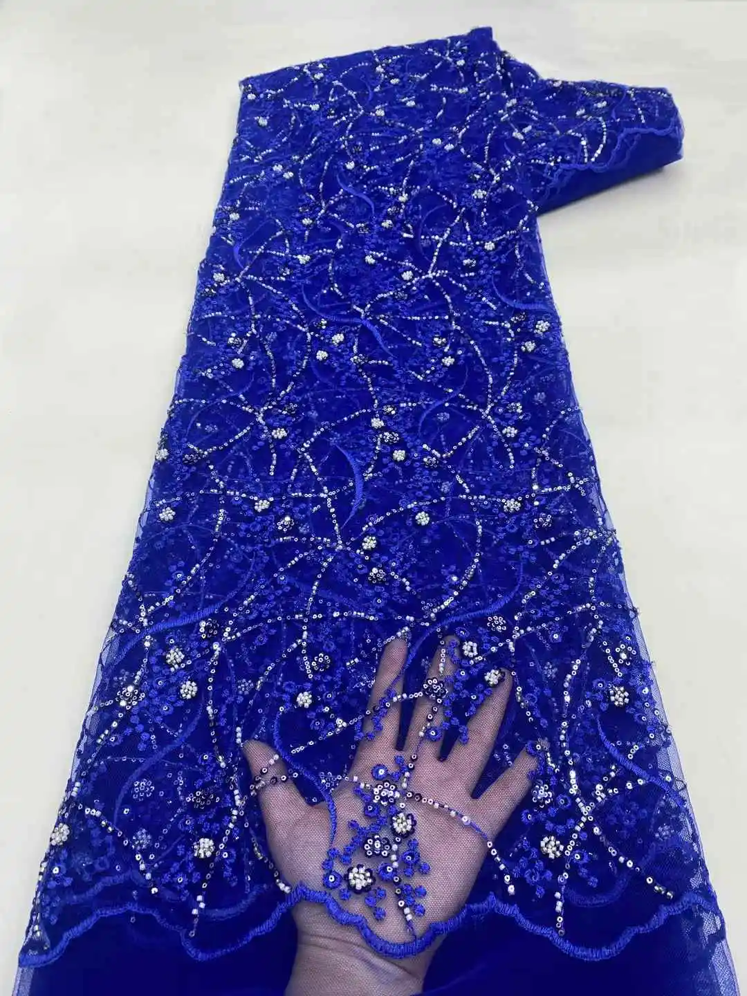 

Blue African Luxury Groom Sequins Lace Fabrics 2025 High Quality Lace Embroidery Beaded Mesh Fabric For Women Wedding Dresses