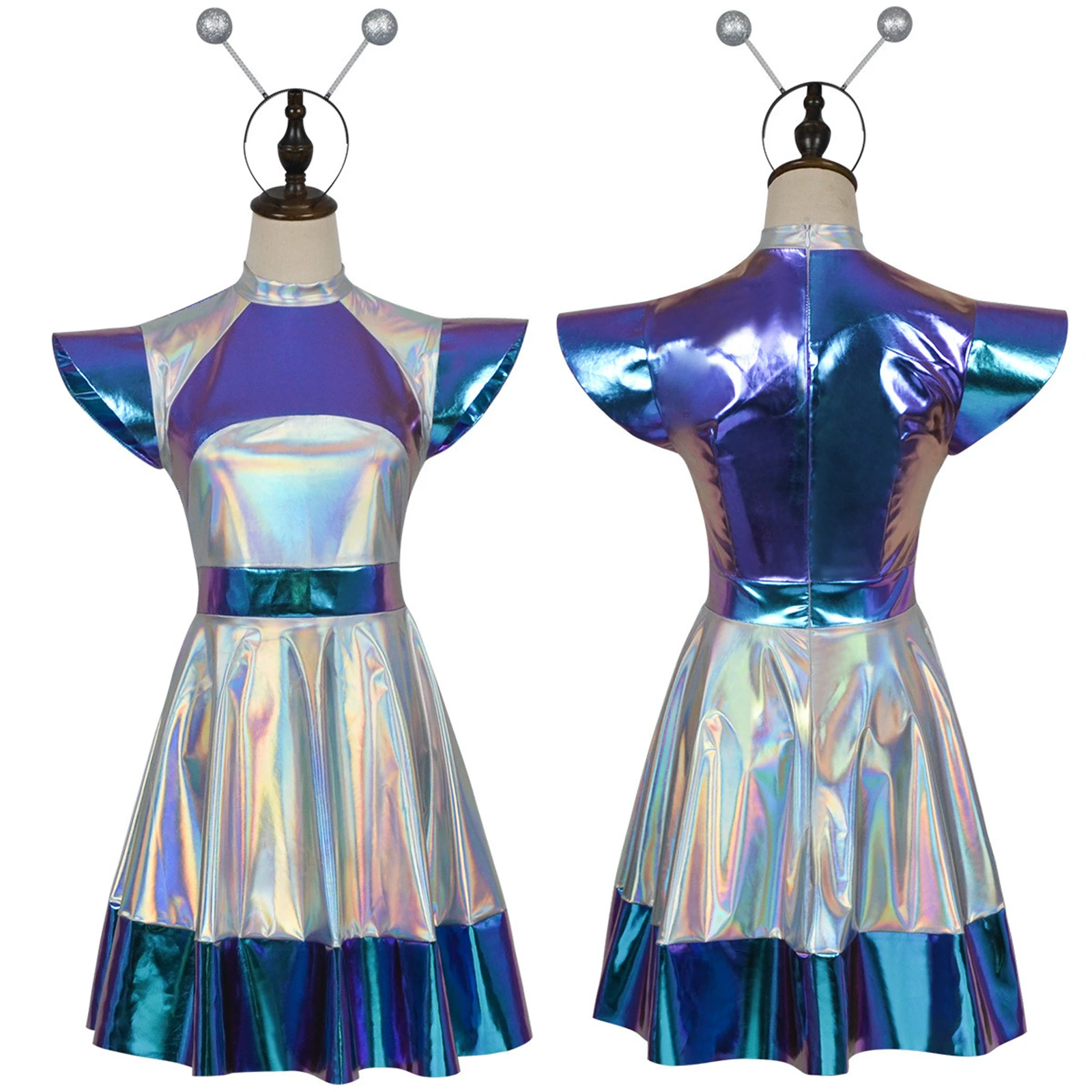

Girl Halloween Space Alien Cosplay Costume Robot Cos Metallic Dress With Headband Children'S Stage Performance Costume