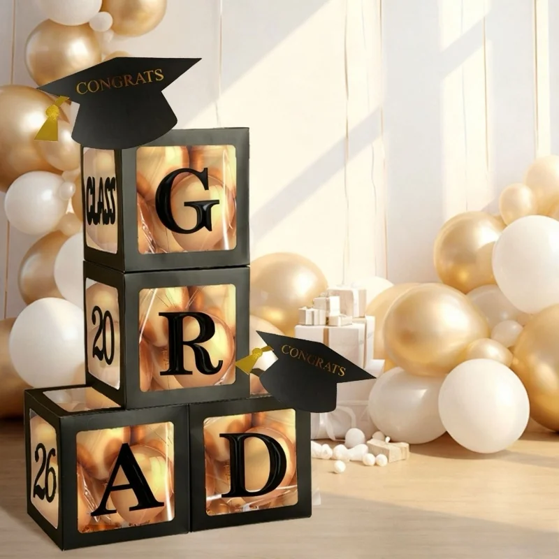 

Прозрачная коробка для воздушных шаров GRAD 25 см, черная, с буквами, для выпускного вечера 2026, украшения для вечеринки, реквизит для выпускных фотографий для детей и взрослых