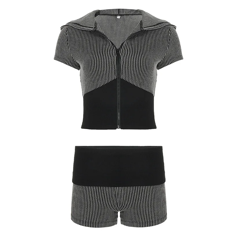 Sporty style black white striped contrasting color zipper knitted zipper cardigan top+shorts two-piece set for women