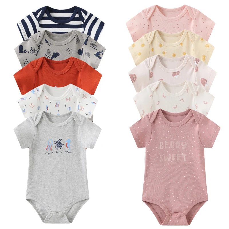 

2023 Unisex New Born Bodysuits 5Pieces Cotton Baby Girl Clothes Set Cartoon Print Baby Boy Clothes Solid Color Summer Bebes