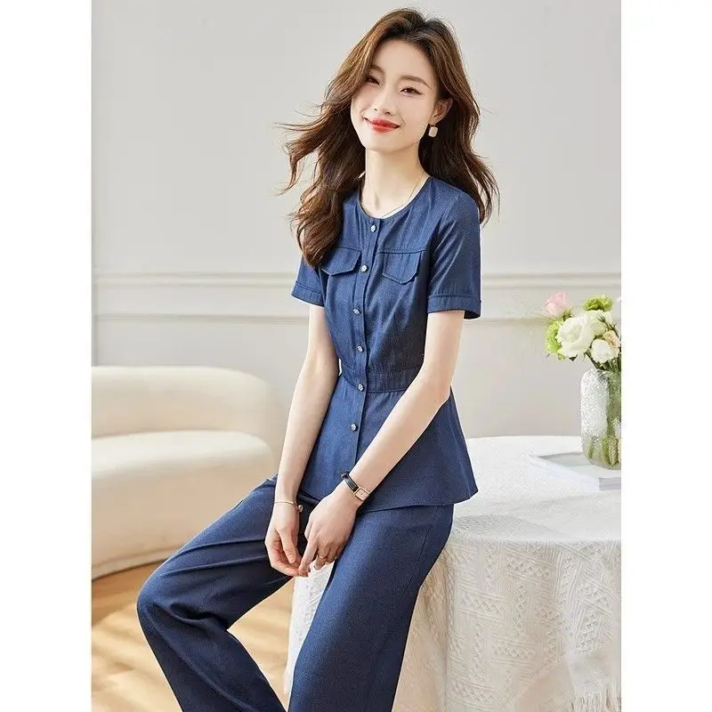 Summer New Temperament Jeans Sets Women Fashion Short Sleeve Cardigan Denim Shirts + Straight Pants 2-piece Suit Women Outfits