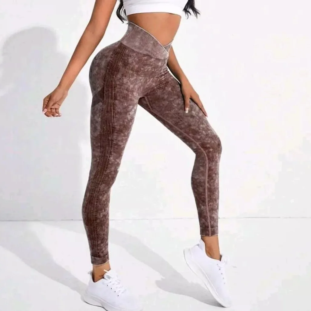 Women Fashion Seamless Cross Waist Washed Frosted Tight Pants High Waisted Elastic Tummy Control Fitness Sport Legging