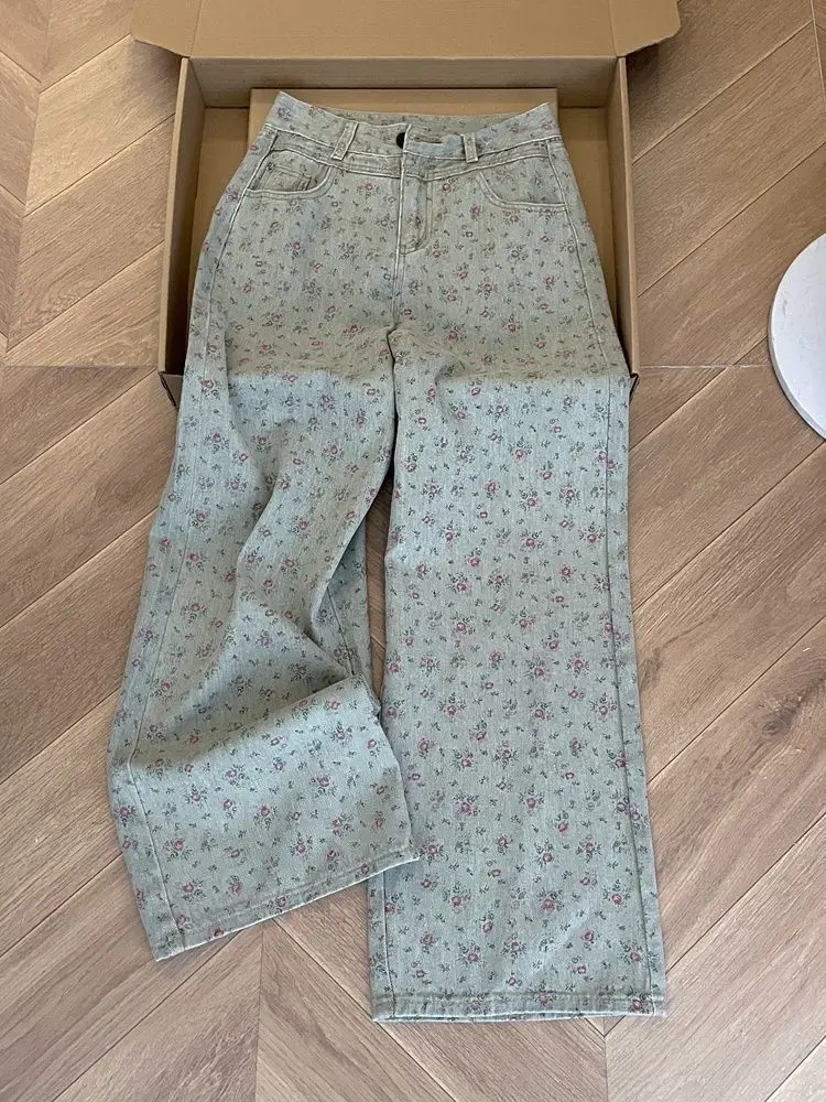 Jeans Women Retro Print Fashion High Waist Korean Street Style Denim Vintage All-match Straight Casual Full Length Spring Fall