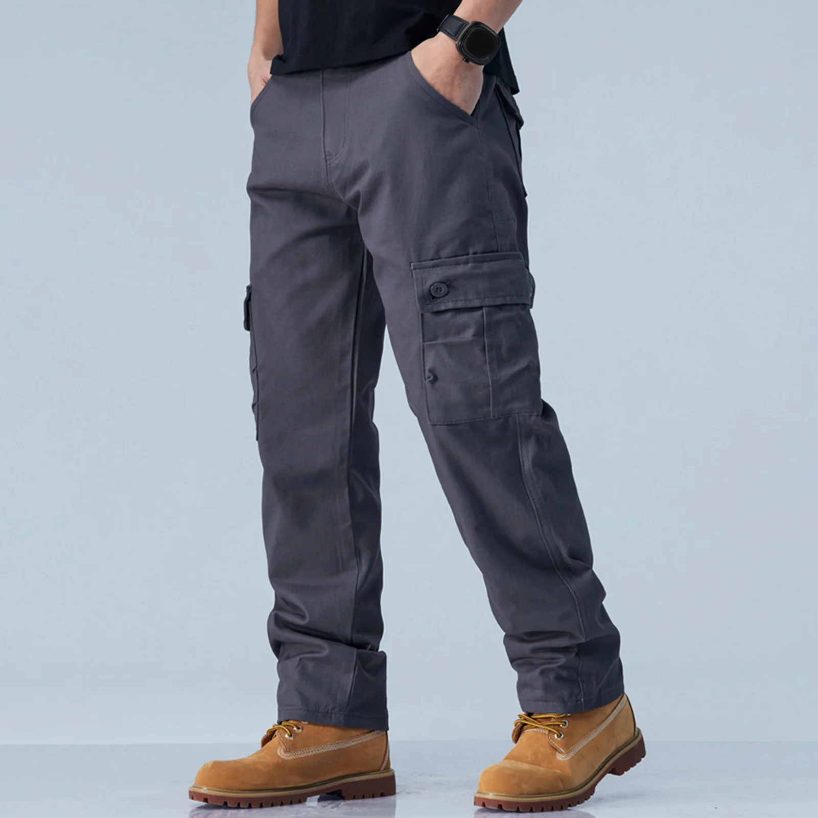 ملابس رجالية دافئة مستقيمة كبيرة الحجم بلون رمادي سادة متعددة الاستخدامات ملابس عمل سوداء للركض من القطن بناطيل كاجوال سراويل البضائع الجديدة