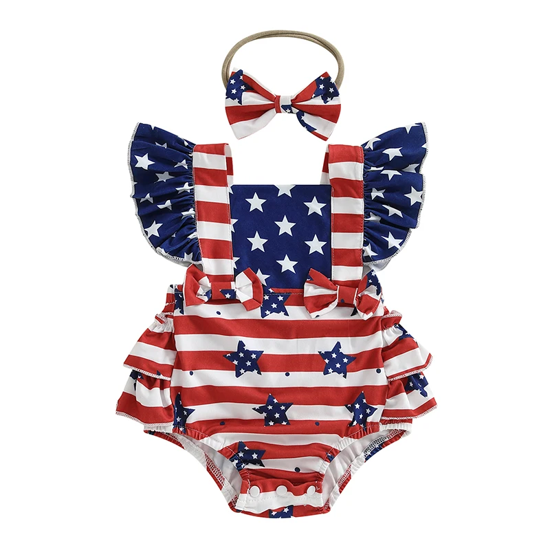 

Baby Girl 4th of July Romper Stripe Star Print Flying Sleeve Square Neck Jumpsuit with Bow Headband