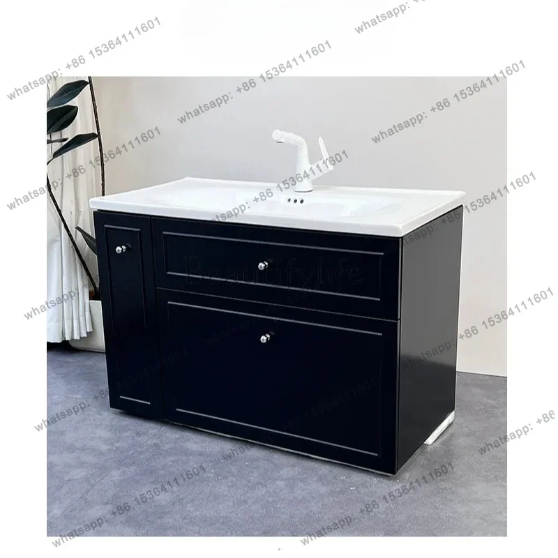 YJ French retro solid wood paint ceramic basin heightened bathroom cabinet combination large storage drawer pull basket wash
