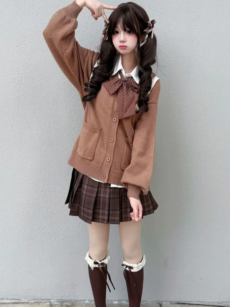 

Новый осенний комплект: вязаный свитер и юбка в стиле JK, многослойный наряд с дизайном «Карамельный круассан», женская мода