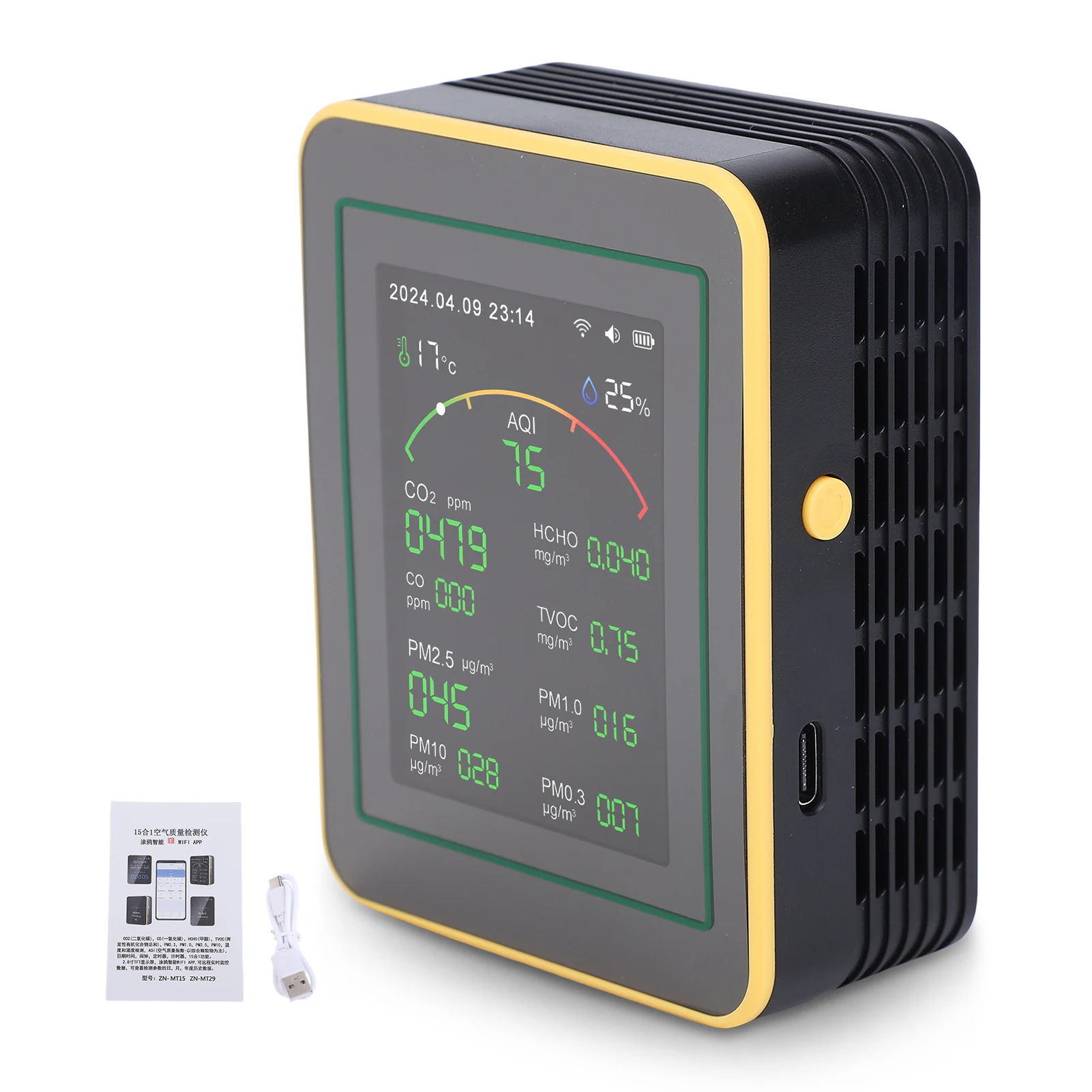 

Air Quality Monitor 15-in-1 WiFi Air Detector Color LCD Screen Fit for Tuya Smart Detects PM2.5 PM10 CO HCHO TVOC Temp Humidity