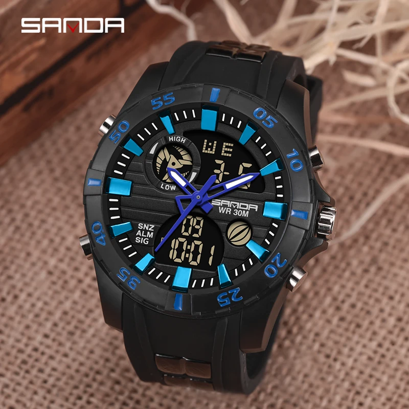 Sanda Fashion Brand Sports Mens Dual Display Watch Waterproof Silicone Strap Led Multifunctional Chronograph Luminous Watches