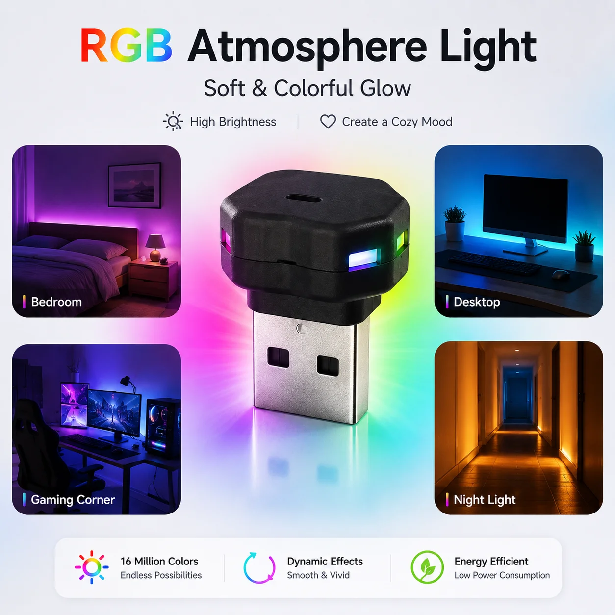 RGB USB Ambient Light with Light Sensor Adjustable Direction Mini Night Light USB Type-C Optional Plug and Play for PC Laptop