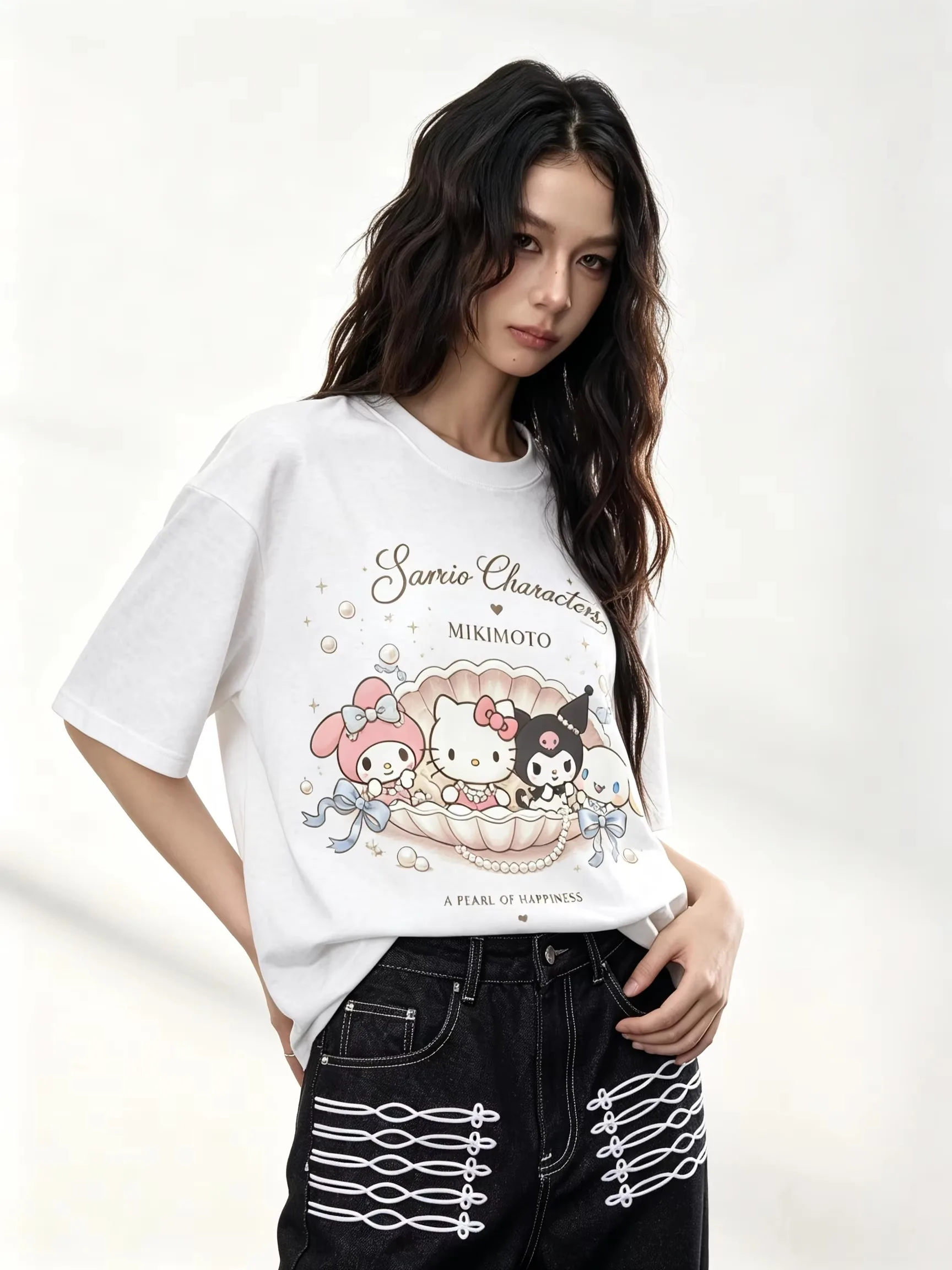 Unisex Men's Women's Sanrio Hello Kitty Crystal Ruby Heart Graphic Print T Shirt Black Luxury Streetwear Short Sleeve Top