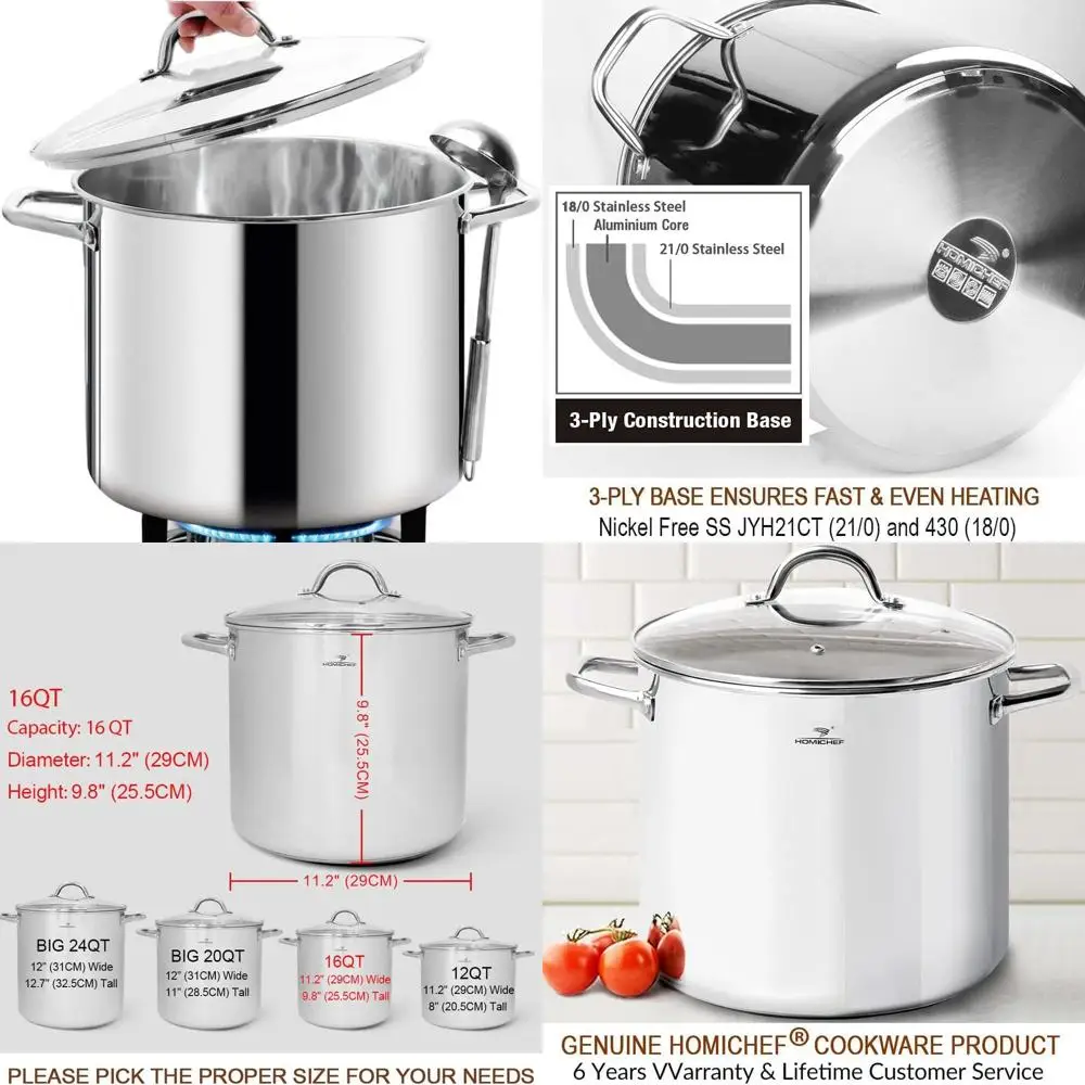 

16-Quart Mirror Polished Stainless Steel Stock Pot with Glass Lid - Healthy Induction Cookware for Large Cooking