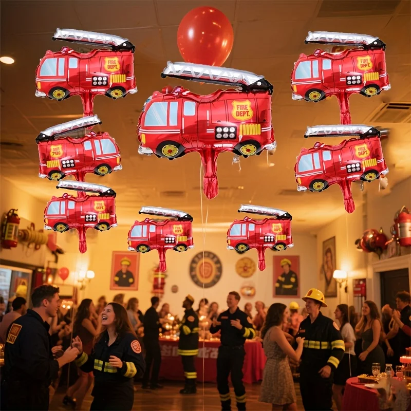 10Pcs Mini Fire Truck Foil Balloons Firefighter Theme Fire Engine Balloons for Fireman Birthday Party Decor