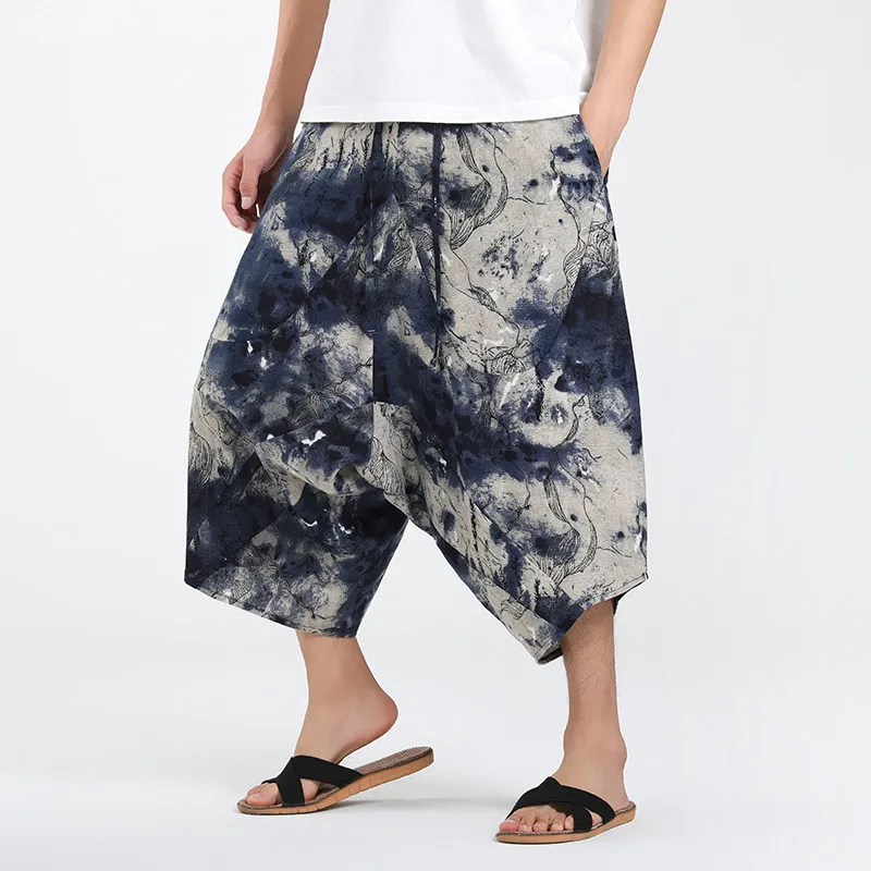 

Мужские летние брюки-шаровары в стиле Харадзюку 2026 года, ретро-китайский стиль, с принтом, широкие штаны, джоггеры, шорты, свободные брюки до икр для мужчин