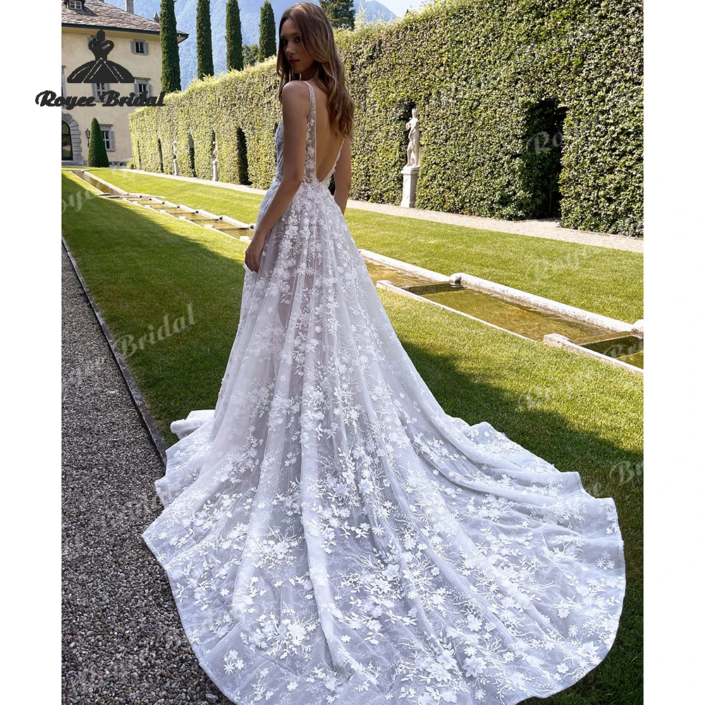 Boho Deep V Neck Flowers Lace A Line Wedding Dresses 2027 Appliqué Open Back Bridal Gown Customized Vestido De Novia