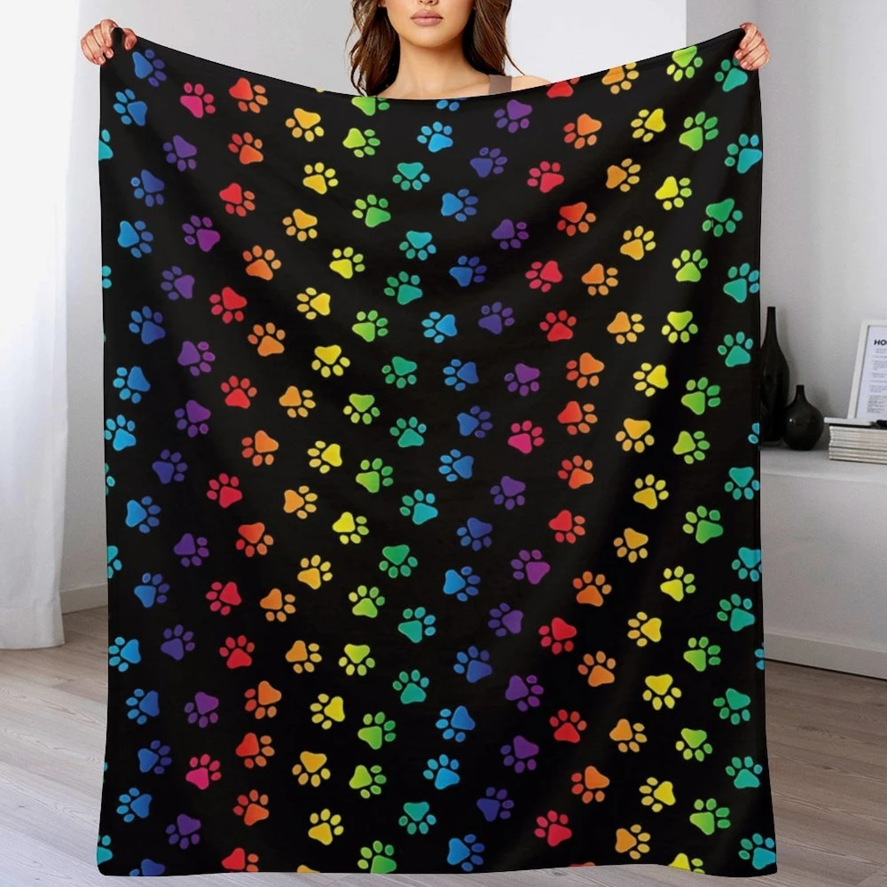 1pc Rainbow Pet Paw Black Background Print Throw Blanket soft bedroom lounge workstation Blanket outdoor deck Anniversary gifts