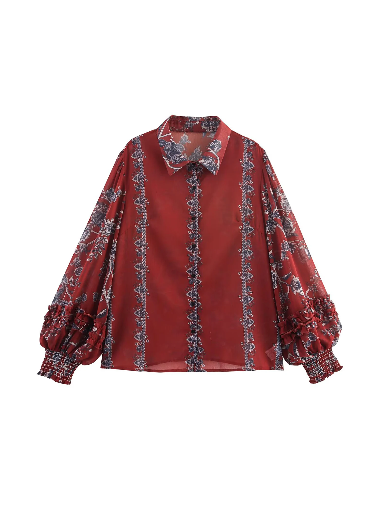 

Women Red Flower Print Shirts and Blouses Vintage Aesthetic Elegant Y2k 2000s Polo-Neck Long Sleeve Oversize Shirt Spring Autumn